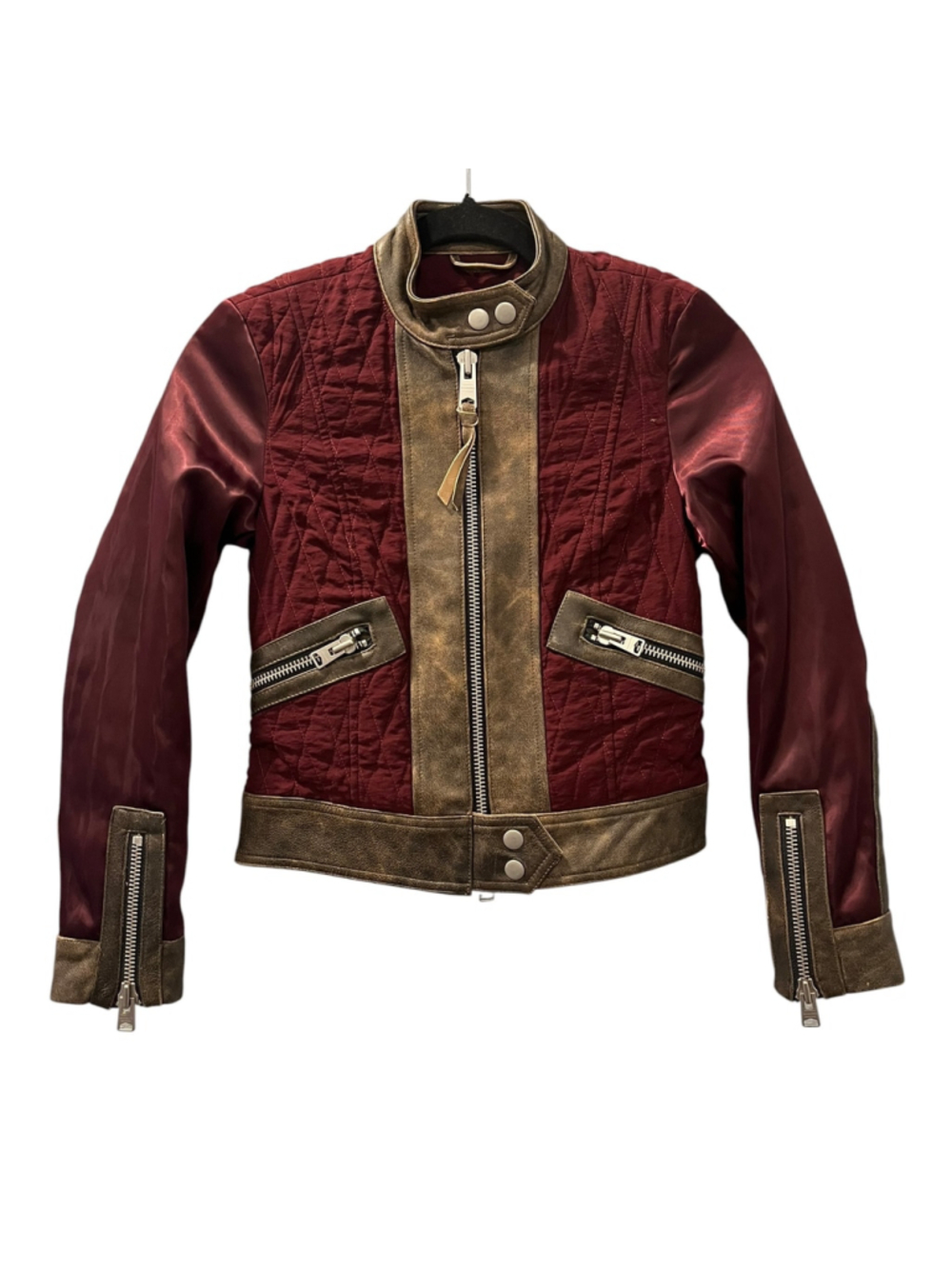 AllSaints Cross Biker Quilted Satin Moto Leather Jacket Burgundy Red Size 0